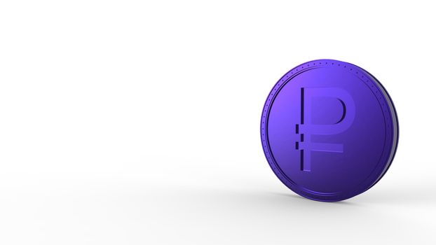 Violet ruble coin Isolated with white background. 3d render isolated illustration, business, management, risk, money, cash, growth, banking, bank, finance, symbol.