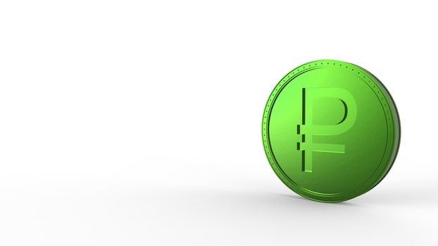 Green ruble coin Isolated with white background. 3d render isolated illustration, business, management, risk, money, cash, growth, banking, bank, finance, symbol.