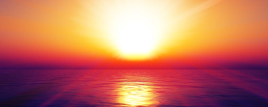 sunset sea sun ray clear sky, 3d rendering illustration