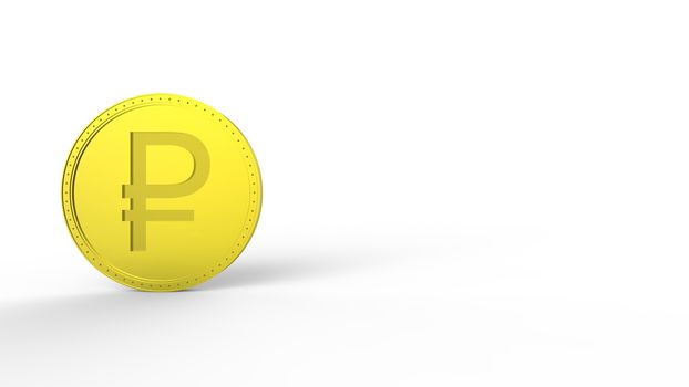 Yellow golden ruble coin Isolated with white background. 3d render isolated illustration, business, management, risk, money, cash, growth, banking, bank, finance, symbol.