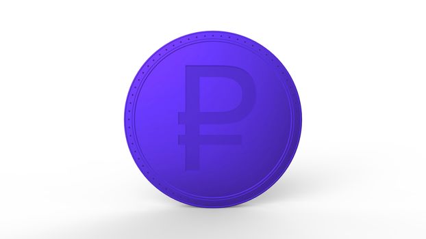 Violet ruble coin Isolated with white background. 3d render isolated illustration, business, management, risk, money, cash, growth, banking, bank, finance, symbol.