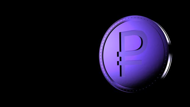 Violet ruble coin Isolated with black background. 3d render isolated illustration, business, management, risk, money, cash, growth, banking, bank, finance, symbol.