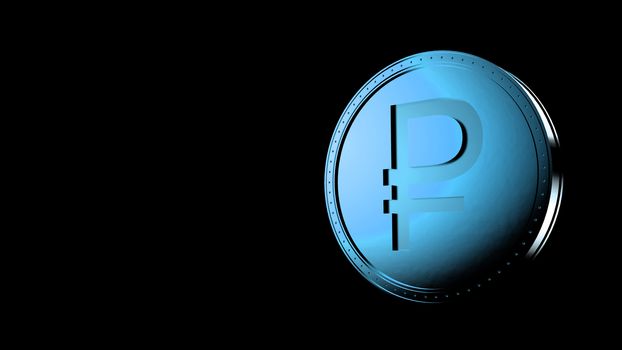 Blue ruble coin Isolated with black background. 3d render isolated illustration, business, management, risk, money, cash, growth, banking, bank, finance, symbol.