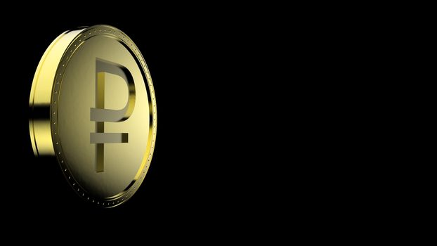 Yellow golden ruble coin Isolated with black background. 3d render isolated illustration, business, management, risk, money, cash, growth, banking, bank, finance, symbol.