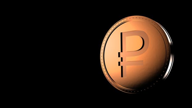 orange golden ruble coin Isolated with black background. 3d render isolated illustration, business, management, risk, money, cash, growth, banking, bank, finance, symbol.