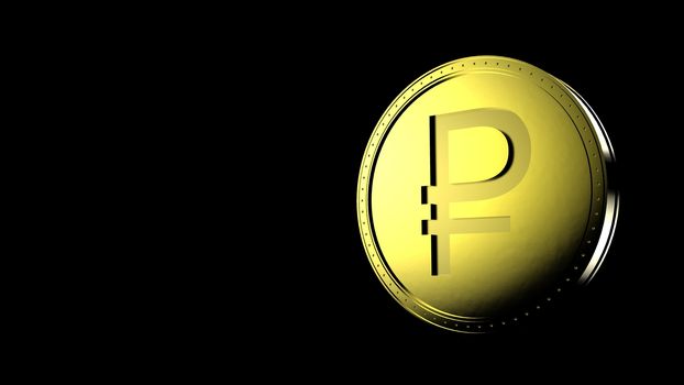 Yellow golden ruble coin Isolated with black background. 3d render isolated illustration, business, management, risk, money, cash, growth, banking, bank, finance, symbol.