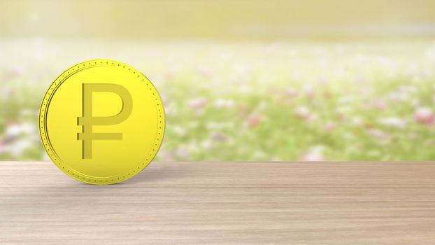 Yellow gold ruble coin Isolated on blur field of flowers background. 3d render isolated illustration, business, management, risk, money, cash, growth, banking, bank, finance, symbol.