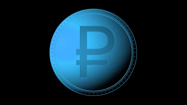 Blue ruble coin Isolated with black background. 3d render isolated illustration, business, management, risk, money, cash, growth, banking, bank, finance, symbol.