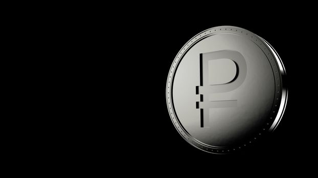 Gray silver ruble coin Isolated with black background. 3d render isolated illustration, business, management, risk, money, cash, growth, banking, bank, finance, symbol.
