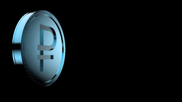 Blue ruble coin Isolated with black background. 3d render isolated illustration, business, management, risk, money, cash, growth, banking, bank, finance, symbol.