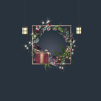 Magic Christmas night with Christmas decoration. Floral wreath, hanging lanterns, gift box on dark blue background. 3D illustration
