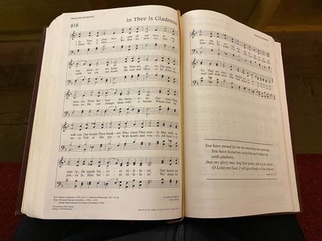 Springfield, IL/USA-10/3/20: A hymnal openned up the hymn for the Sunday services.