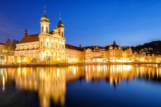 Nigth view of city center of Lucerne with famous Chapel Bridge and lake Lucerne (Vierwaldstatersee), Canton of Lucerne, Switzerland