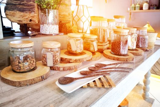 A variety of breakfast cereals and muesli in breakfast buffet 