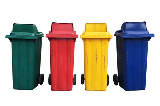 Four colorful recycle bins with clipping path isolated on white background