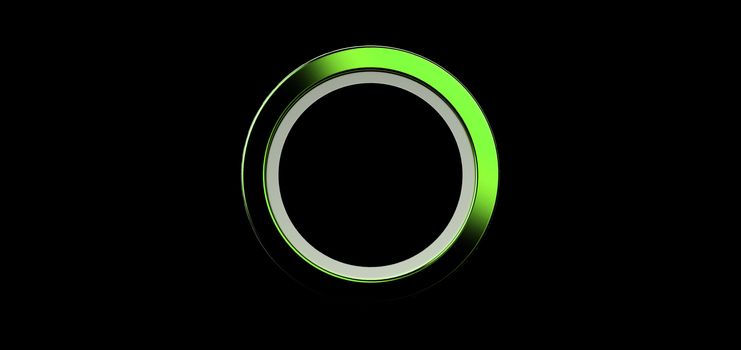 3d render, green ring on black background. jewelry metal circle shape. empty space with ultraviolet light. metallic jewel fashion show stage, abstract dark illustration