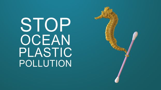 Render sculpt 3d Side view of a Common yellow Seahorse with swabs. Stop ocean plastic pollution. Composed of white plastic waste bag, bottle on blue background. Plastic problem.