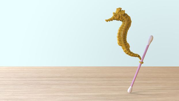 Stop ocean plastic pollution. Render sculpt 3d Side view of a Common yellow Seahorse with swabs. Composed of white plastic waste bag, bottle on wood table with blue background. Plastic problem.