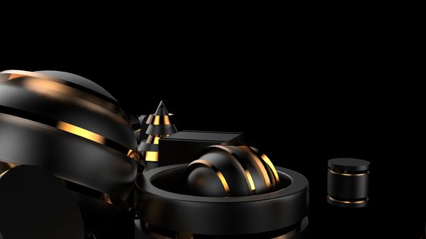 3d render of abstract yellow metal and gold objects on isolated soil. cube, cone, square, ring, circle, ball, cylinder. Pieces of dark metal with golden lines. with black background