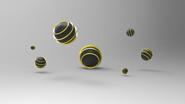 3d render of abstract yellow metal and gold objects on isolated soil. cube, cone, square, ring, circle, ball, cylinder. Pieces metal with golden lines. with white background