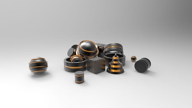 3d render of abstract yellow metal and gold objects on isolated soil. cube, cone, square, ring, circle, ball, cylinder. Pieces metal with golden lines. with white background