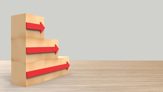 wood block stacking as left stair with red arrow right. Ladder career path concept for business growth success process. On wood wooden table with light gray background HD. Render 3d illustration