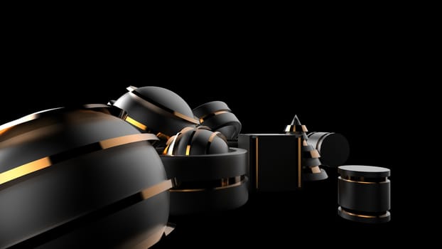 3d render of abstract yellow metal and gold objects on isolated soil. cube, cone, square, ring, circle, ball, cylinder. Pieces of dark metal with golden lines. with black background