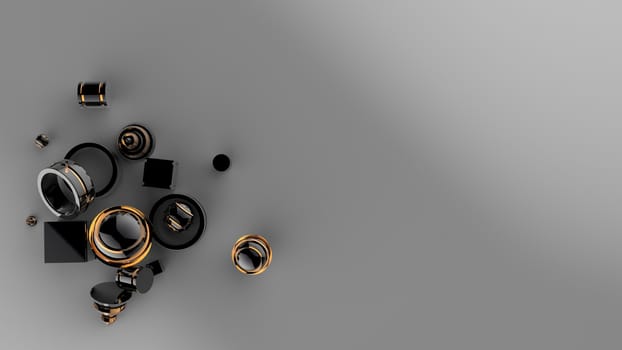 3d render of abstract yellow metal and gold objects on isolated soil. cube, cone, square, ring, circle, ball, cylinder. Pieces of dark metal with golden lines. with black background