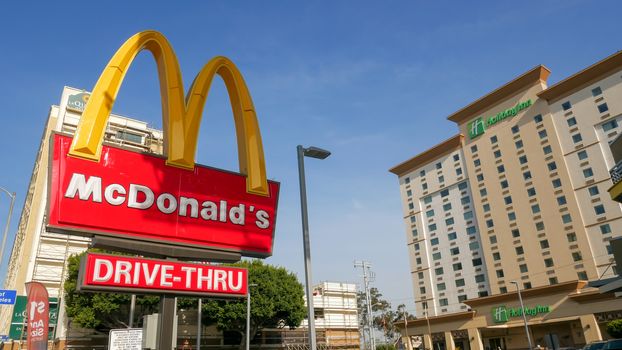 Los Angeles, California/United states Of America-April 6, 2018: Close up shop sign McDonald's is on the road W Century Blvd in Los Angeles.