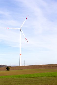 The windmill on a field with blue sky