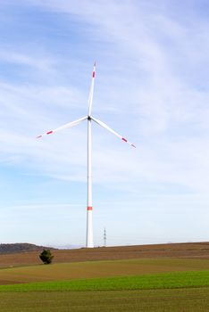 The windmill on a field with blue sky