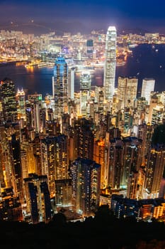 Iconic view at dusk from near the Peak overlooking Hong Kong Island and Kowloon in Hong Kong, China