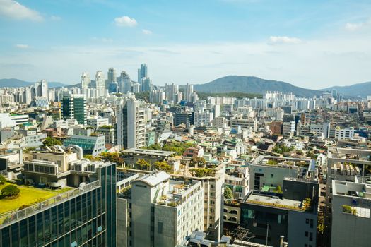 The view from Yeoksam and Gangnam on a hot summer's day over Seoul, South Korea