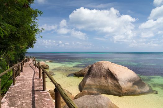 Pathway by the ocean with big stones and green plants