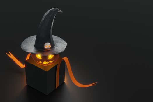 3d rendering ,  Halloween pumpkin in mysterious black box , Concept open gift box and pumpkin ghost or jack-o'-lantern