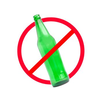 The red circle with slash on the glass bottle of alcohol on white background; concept for stop drinking.