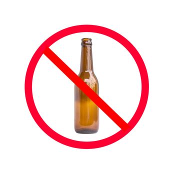 The red circle with slash on the glass bottle of alcohol on white background; concept for stop drinking.