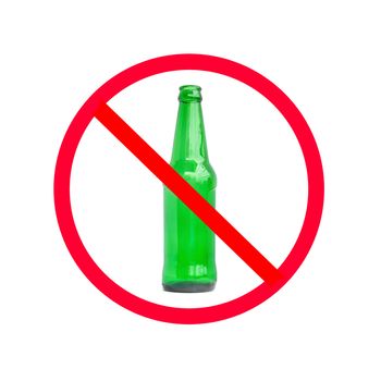 The red circle with slash on the glass bottle of alcohol on white background; concept for stop drinking.