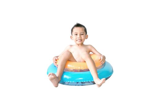 Cute Asian boy sitting on the colorful swim rings isolated on white background.