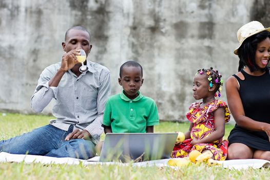 Happiness and harmony in family life. Young mother and father resting together with their children in the park on the green grass during the picnic.