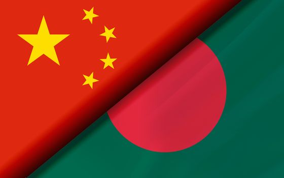 Flags of the China and Bangladesh divided diagonally. 3D rendering