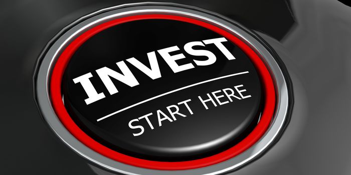 Invest start here button on black background, 3d rendering
