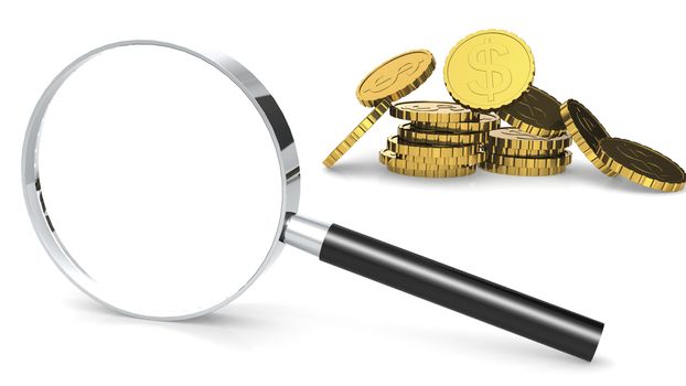 Stack of gold coins and magnifying glass, 3d rendering