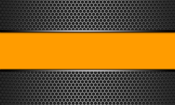 Yellow banner silver line on black metal hexagon mesh pattern design, 3d rendering