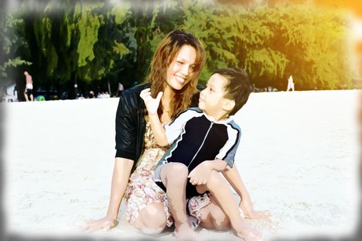 Rayong,Thailand,May5th,2014:The boys are happy and fun to see the ocean for the first time.