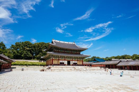 Seoul, South Korea - August 18, 2018: The historic Injeongjeon Throne Hall of Changdeokgung Palace in Seoul, South Korea