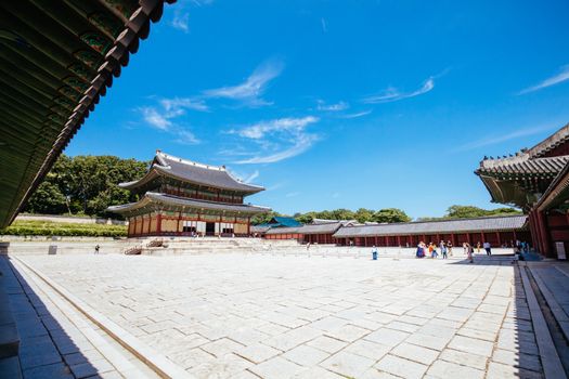 Seoul, South Korea - August 18, 2018: The historic Injeongjeon Throne Hall of Changdeokgung Palace in Seoul, South Korea