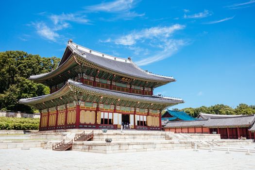 Seoul, South Korea - August 18, 2018: The historic Injeongjeon Throne Hall of Changdeokgung Palace in Seoul, South Korea
