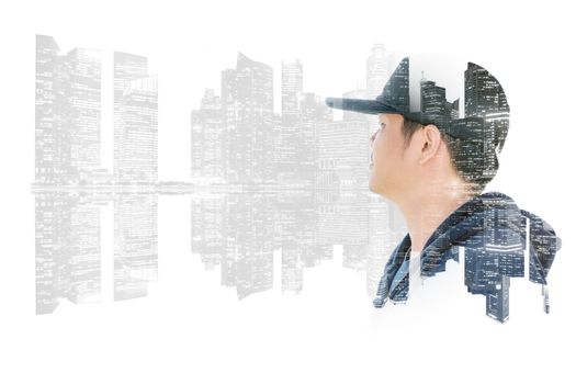 Double exposure of Asian man on skyscrapers and reflections of the city on white background.