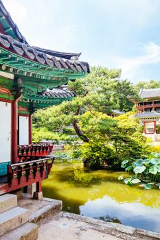 Seoul, South Korea - August 18, 2018: The Huwon Secret Garden and Buyongji Pond of Changdeokgung Palace in Seoul, South Korea